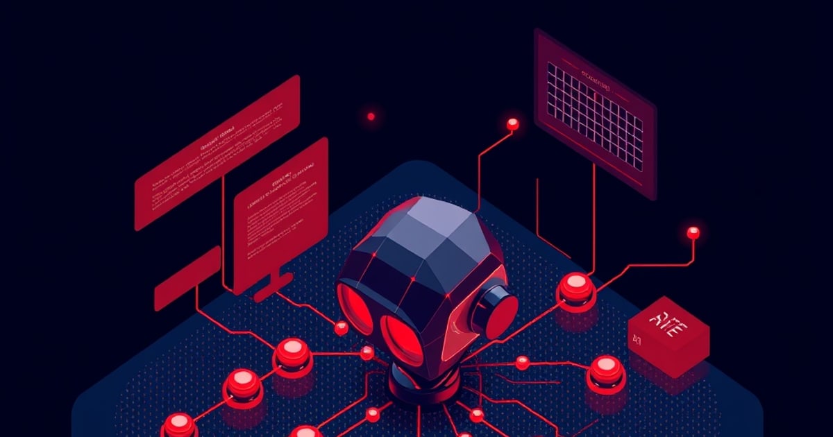 Isometric threat landscape showing AI-powered zero-day discovery, jailbreak automation, and frontier-model testing